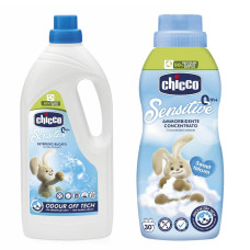 CHICCO Prací gel Baby Sensitive 1,5 l + Aviváž Baby Sensitive koncentrovaná Sladký pudr 750 ml