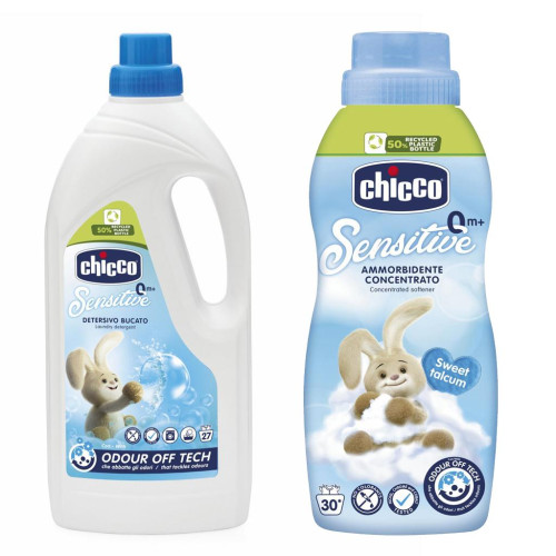 CHICCO Prací gel Baby Sensitive 1,5 l + Aviváž Baby Sensitive koncentrovaná Sladký pudr 750 ml CHICCO Prací gel Baby Sensitive 1,5 l + Aviváž Baby Sensitive koncentrovaná Sladký pudr 750 ml