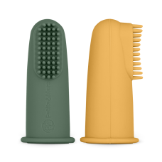 PETITE&MARS Sada silikonových zubních kartáčků na prst Ochre&Green 2 ks 6m+