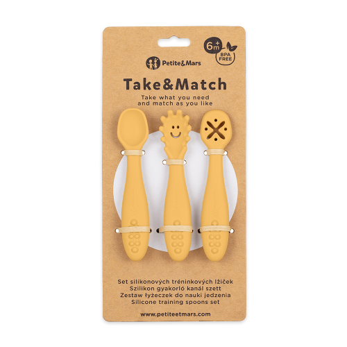 PETITE&MARS Set 3 ks silikonových tréninkových lžiček Take&Match Intense Ochre 6m+ PETITE&MARS Set 3 ks silikonových tréninkových lžiček Take&Match Intense Ochre 6m+