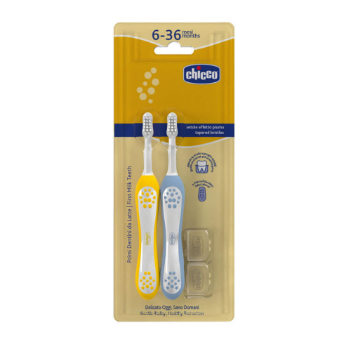 CHICCO Set zubních kartáčků pro děti Indigo-Mustard 6-36m, 2ks CHICCO Set zubních kartáčků pro děti Indigo-Mustard 6-36m, 2ks