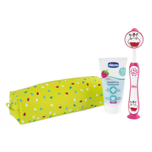 CHICCO Set zubní kartáček a pasta v pouzdře - Hippo, 3r+ CHICCO Set zubní kartáček a pasta v pouzdře - Hippo, 3r+