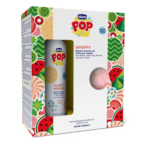 CHICCO Pěna na vlasy a tělo POP Vanilla Fluffy 200ml s ručníkem na vlasy CHICCO Pěna na vlasy a tělo POP Vanilla Fluffy 200ml s ručníkem na vlasy