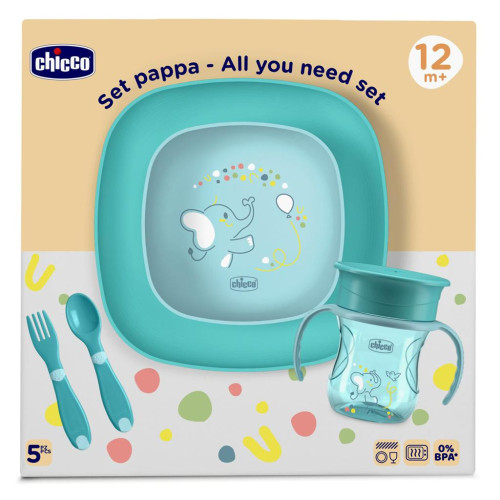 CHICCO Set jídelní - miska, talíř, láhev a příbor blue 12m+ CHICCO Set jídelní - miska, talíř, láhev a příbor blue 12m+