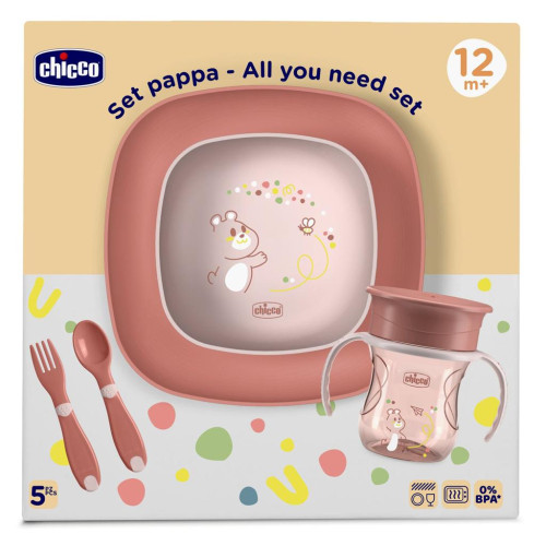 CHICCO Set jídelní - miska, talíř, láhev a příbor pink 12m+ CHICCO Set jídelní - miska, talíř, láhev a příbor pink 12m+