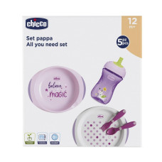 CHICCO Set jídelní - talíře, příbory, sklenka, růžový 12m+