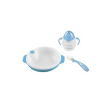 Set termotalířku s silikonovou lžičkou a hrnečkem, Pastel blue