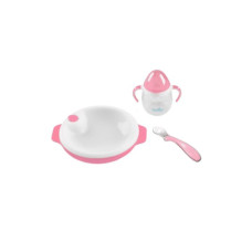 Set termotalířku s silikonovou lžičkou a hrnečkem, Pastel pink