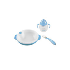 Set termotalířku s silikonovou lžičkou a hrnečkem, Pastel blue