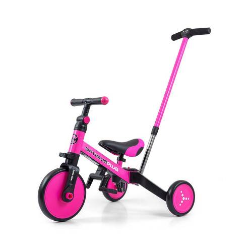 Dětská tříkolka 4v1 Milly Mally Optimus Plus s vodící tyčí pink Dětská tříkolka 4v1 Milly Mally Optimus Plus s vodící tyčí pink