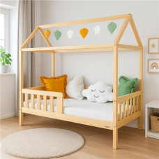Dětská postel domeček se zábradlím a roštem New Baby CASTELLO 160x80 cm přírodní