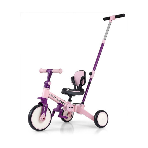 Dětská tříkolka 5v1 Milly Mally Optimus Max s vodící tyčí pink Dětská tříkolka 5v1 Milly Mally Optimus Max s vodící tyčí pink