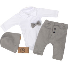 4-dílná sada Elegant Boy, body, kalhoty, motýlek a čepice, šedá/bílá, vel. 74