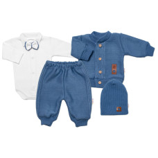 5-dílná pletená sada Baby Nellys, Boy, body, kalhoty, svetr, čepička, motýlek - modrá