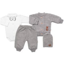 5-dílná pletená sada Baby Nellys, Boy, body, kalhoty, svetr, čepička, motýlek - šedá, 68