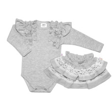 BABY NELLYS  2-dílná sada, body dl.rukáv + suknička s krajkou a volánky, šedá
