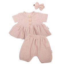 Baby Nellys 3-dílná mušelínová soupr., tunika/halenka, kraťasky, čelenka, béžová, vel. 86