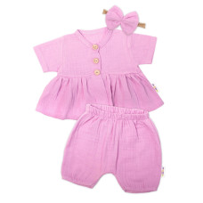 Baby Nellys 3-dílná mušelínová soupr., tunika/halenka, kraťasky, čelenka, růžová, vel. 80