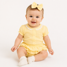 Baby Nellys 3-dílná mušelínová soupravička, body, kraťasky + čelenka GIRL, žlutá