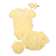 Baby Nellys 3-dílná mušelínová soupravička, body, kraťasky + čelenka GIRL, žlutá, vel. 62