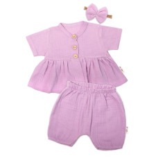 Baby Nellys 3-dílná mušelínová soupravička, tunika/halenka, kraťasky, čelenka, lila