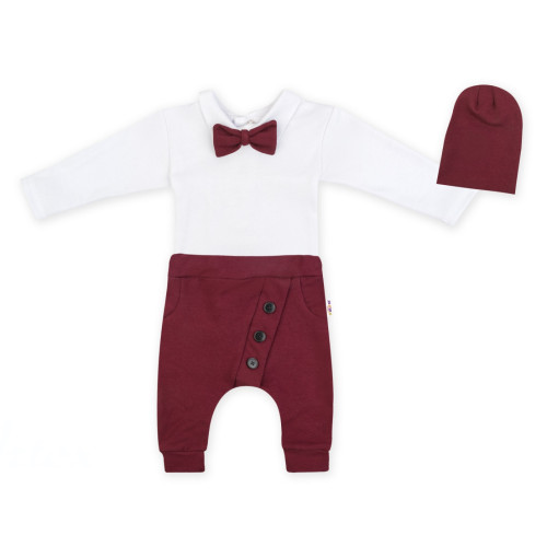 Baby Nellys 3-dílná sada Hubert, body s motýlkem, tepláčky a čepička - bordo, vel. 98 Baby Nellys 3-dílná sada Hubert, body s motýlkem, tepláčky a čepička - bordo, vel. 98