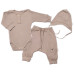 Baby Nellys 3-dílná žebrovaná soupr. Hand Made, body, tepláčky a čepička, béžová