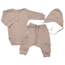Baby Nellys 3-dílná žebrovaná soupr. Hand Made, body, tepláčky a čepička, béžová, vel. 68