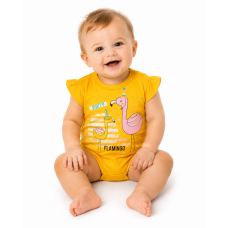 Baby Nellys Bavlněné kojenecké body, kr. rukáv, Flamingo - hořčicové, vel. 62