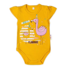 Baby Nellys Bavlněné kojenecké body, kr. rukáv, Flamingo - hořčicové, vel. 80