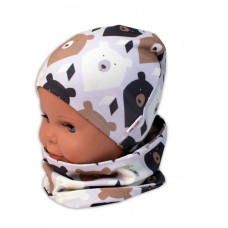 Baby Nellys Dvouvrstvá čepice + komínek Medvědi, hnědá/smetanová, vel. 104/110