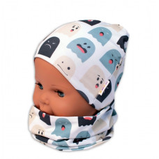 Baby Nellys Dvouvrstvá čepice + komínek Příšerky, bílá/mátová, vel. 104/110