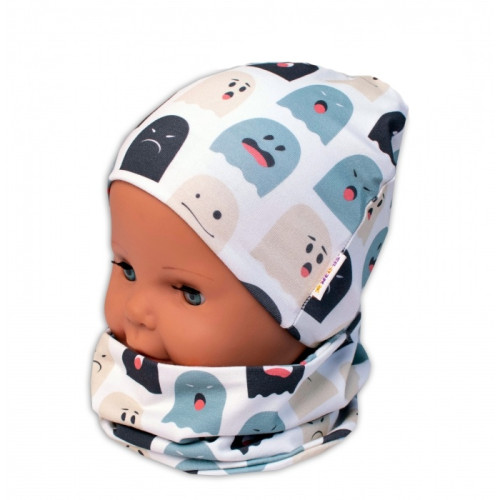 Baby Nellys Dvouvrstvá čepice + komínek Příšerky, bílá/mátová, vel. 104/110 Baby Nellys Dvouvrstvá čepice + komínek Příšerky, bílá/mátová, vel. 104/110