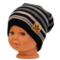 BABY NELLYS Jarní/podzimní proužkovaná čepice -černá/béžová/grafit
