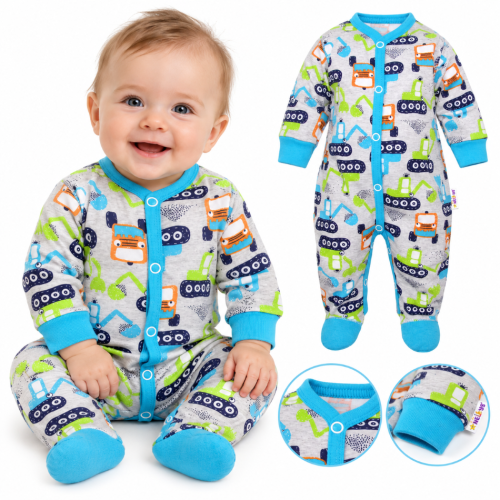 Baby Nellys Overálek Bagr se vzorem, zapínání uprostřed, šedý Baby Nellys Overálek Bagr se vzorem, zapínání uprostřed, šedý