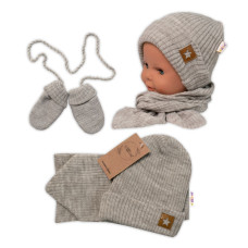 Baby Nellys Pletená čepice s šálou a rukavičky 3v1, STAR - béžová, vel. 56/62