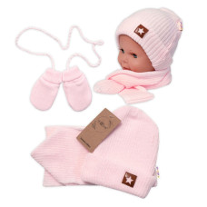 Baby Nellys Pletená čepice s šálou a rukavičky 3v1, STAR - sv. růžová, 68/74