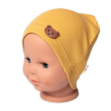 Baby Nellys Žebrovaná čepice Medvídek - hořčicová, vel. 80/86