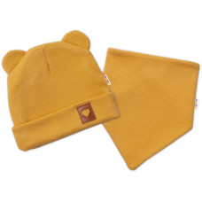 Baby Nellys Žebrovaná dvouvrstvá čepice s oušky + šátek TEDDY - hořčicová