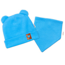 Baby Nellys Žebrovaná dvouvrstvá čepice s oušky + šátek TEDDY - modrá, vel. 80/86