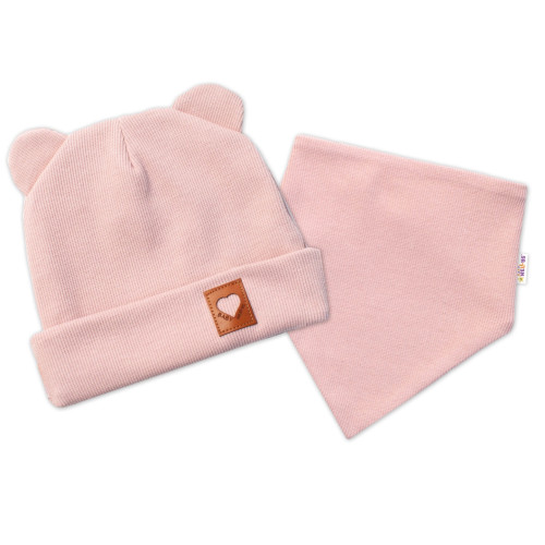 Baby Nellys Žebrovaná dvouvrstvá čepice s oušky + šátek TEDDY - pudrová, 68/74 Baby Nellys Žebrovaná dvouvrstvá čepice s oušky + šátek TEDDY - pudrová, 68/74