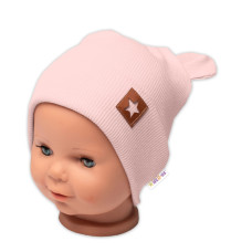 Baby Nellys Žebrovaná dvouvrstvá čepice s oušky TEDDY - pudrová, vel. 68/74