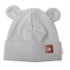 Baby Nellys Žebrovaná dvouvrstvá čepice s oušky TEDDY - šedá