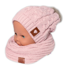 BABY NELLYS Zimní dvouvrstvá čepice s bambulí + komínek Love, pudrová