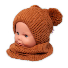 BABY NELLYS Zimní pletená čepice + nákrčník - hnědá s bambulkami