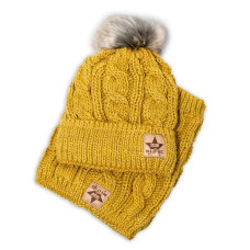 BABY NELLYS Zimní pletená čepice s bambulí + komínek, hořčice, 52-56cm