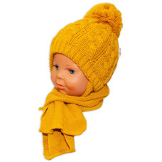 BABY NELLYS Zimní pletená čepička s šálou Baby Bear - hořčicová s bambulkou