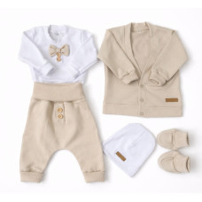 Bavlněná sada, body, kalhoty, motýlek a čepice Elegant Boy 5D, béžová/bílá, vel. 62