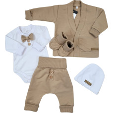 Bavlněná sada, body, kalhoty, motýlek a čepice Elegant Boy 5D, Kazum, mocca/bílá, vel. 74