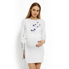 Be MaaMaa Elegantní těhotenské šaty, tunika s výšivkou a stuhou, XXL - bílé (kojící)